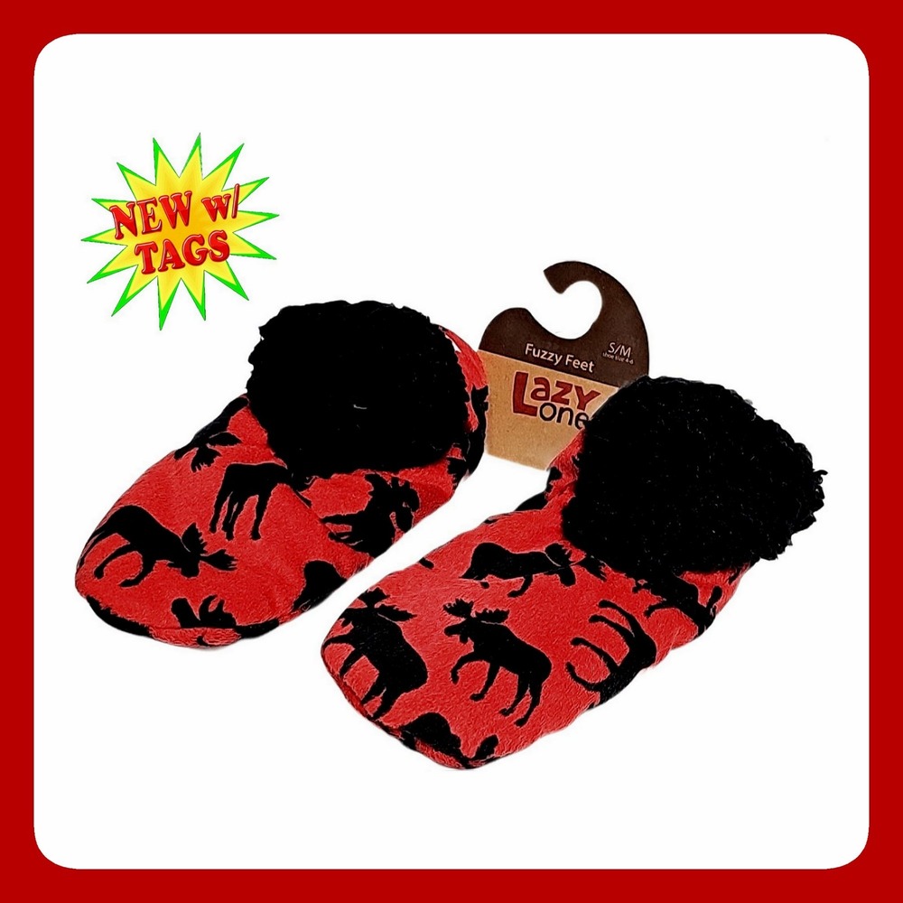 Lazy One Classic Moose Fuzzy Feet Slippers Red Black Fleece S/M Brand New Non
